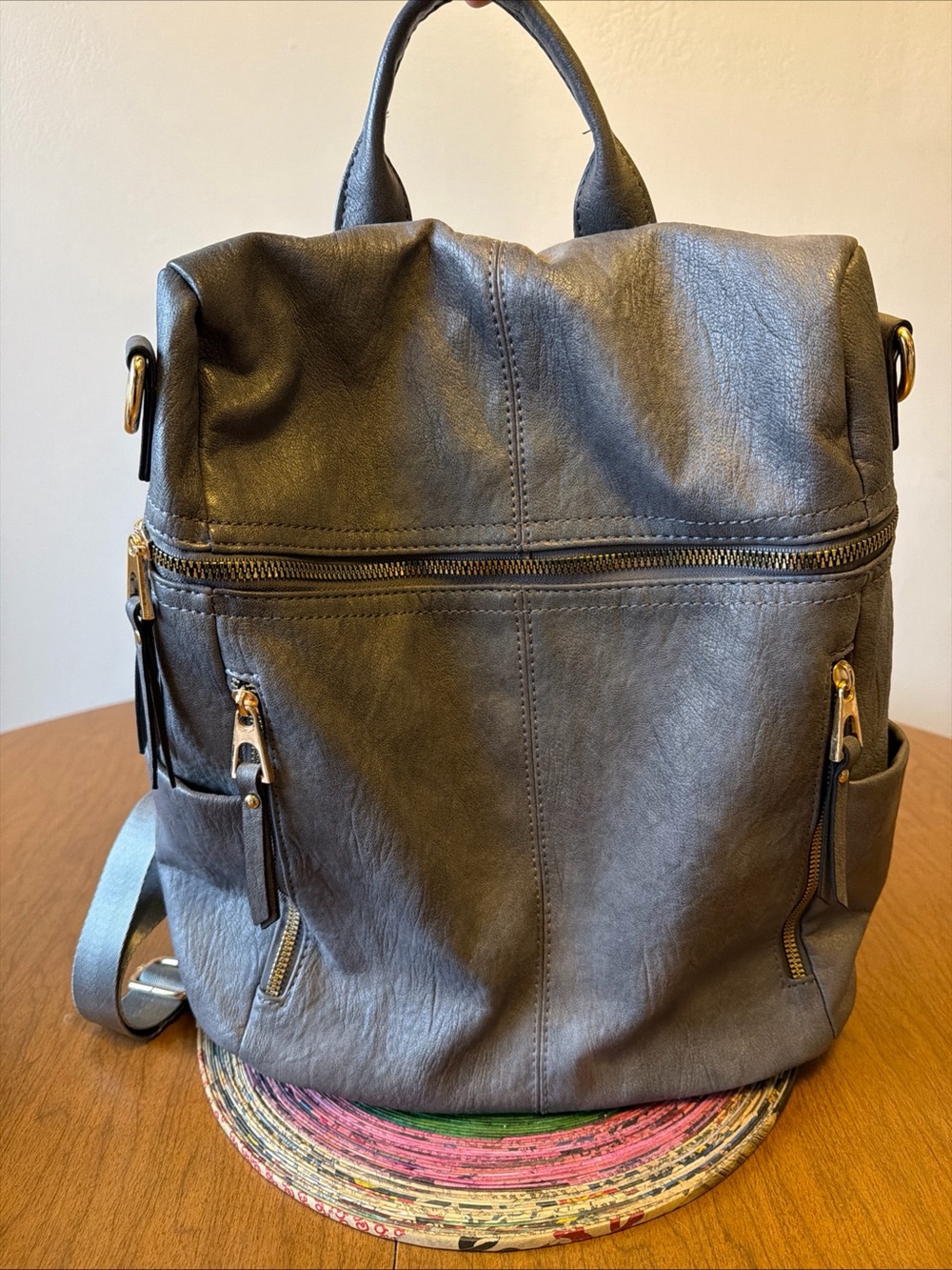 Women's Gray Leather-Look Backpack with Gold Hardware